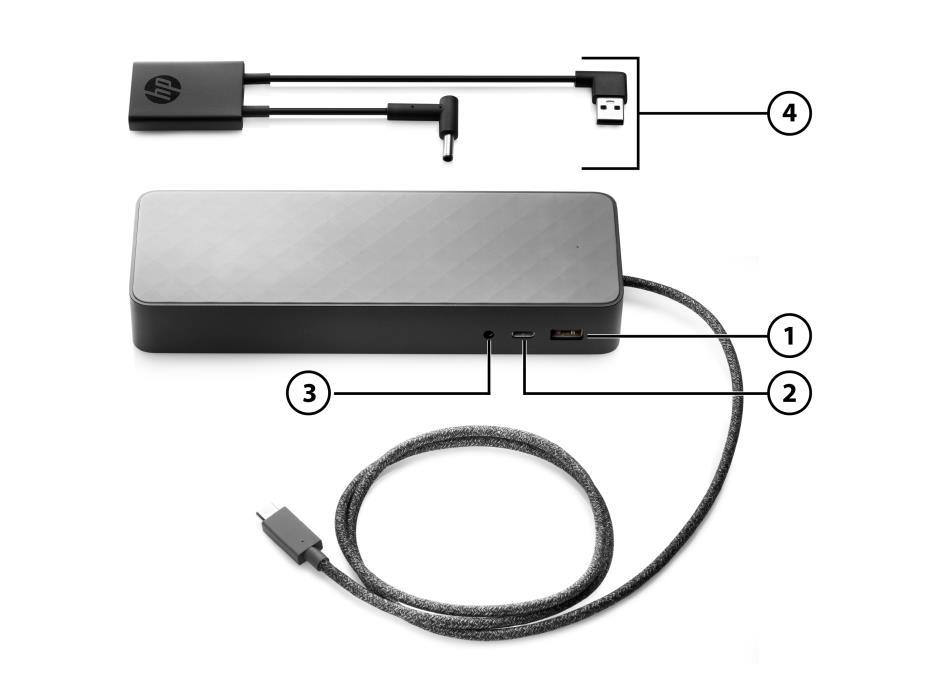 HP USB-C Universal Dock Non-flash Version Front side 1. USB 3.0 charging/data port 3. Combo audio port 2. USB-C charging/data port 4.