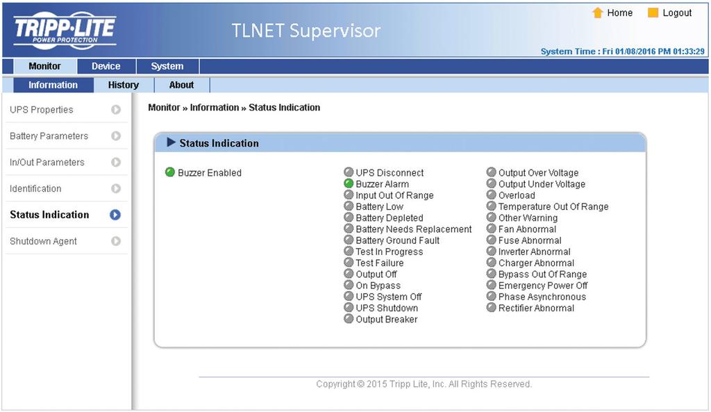 3. TLNET Supervisor Status Indication Go to Monitor g Information g Status Indication to view the status of various UPS parameters.