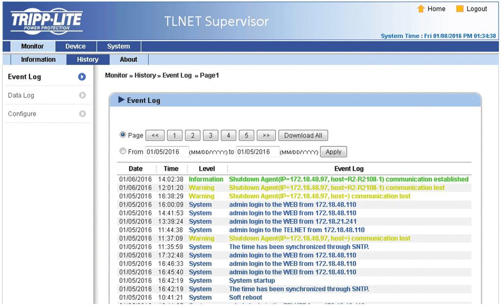 3. TLNET Supervisor 3.1.2 History Event Log Go to Monitor g History g Event Log g selected pages to view events that have occurred.