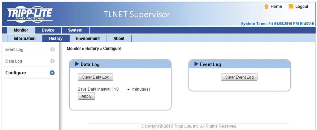 3. TLNET Supervisor Configure Go to Monitor g History g Configure to clear the data and event logs and also to assign the Save Data