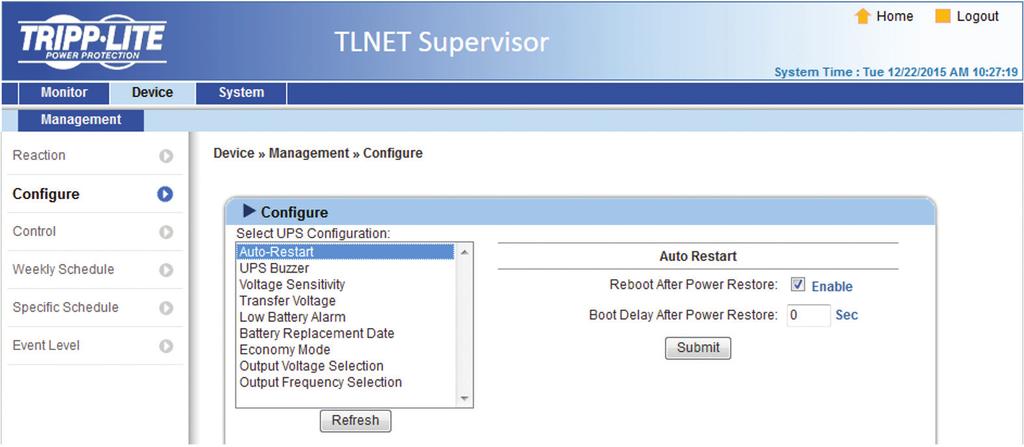 3. TLNET Supervisor Configure Go to Device g Management g Configure to configure the UPS. The configuration values are saved in the UPS or in the TLNETCARD.
