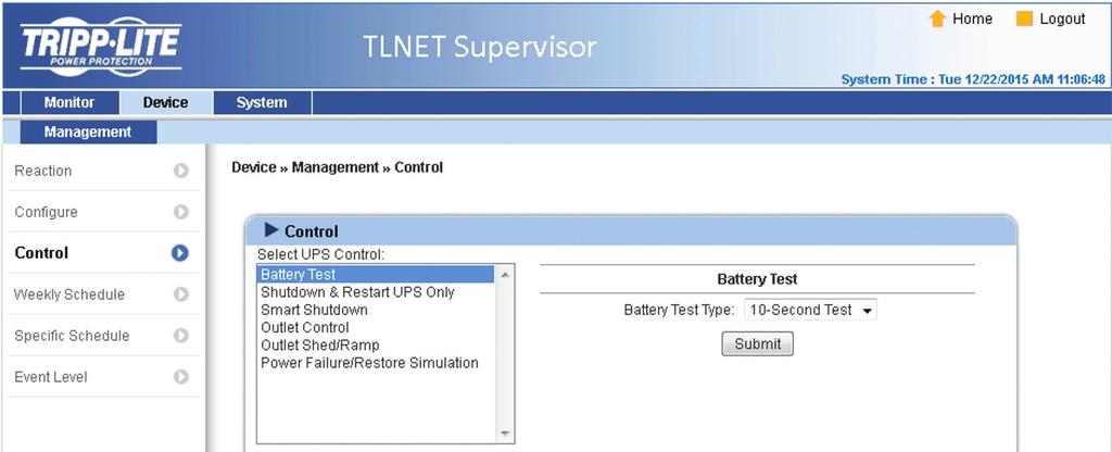 3. TLNET Supervisor Control Go to Device g Management g Control to configure relevant control commands.