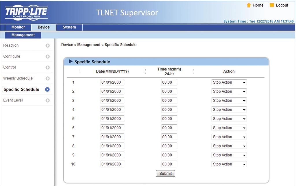 3. TLNET Supervisor Specific Schedule Go to Device g Management g Specific Schedule to