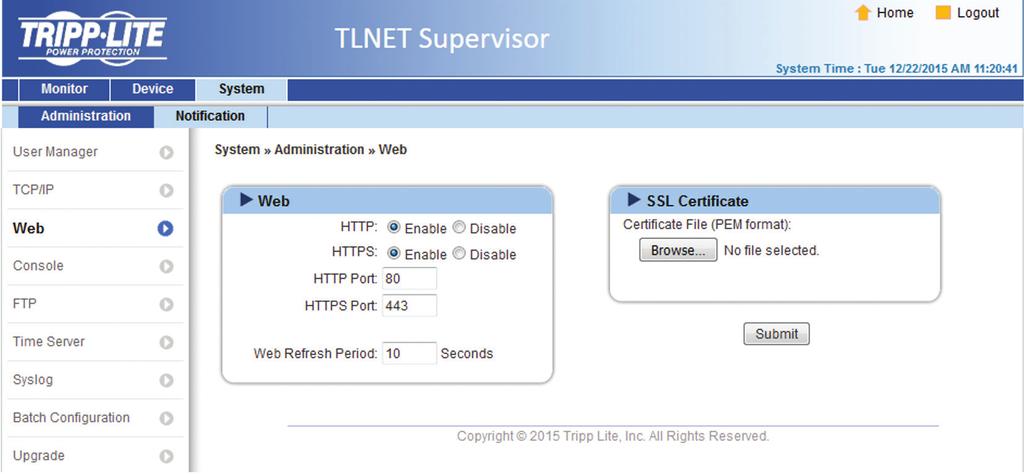 3. TLNET Supervisor TCP/ IP Settings for IPv6 1) DHCP Client: Enable/Disable DHCP. If enabled, the DHCP server automatically assigns an IP address to the TLNETCARD. 2) IP Address: The IPv6 address.