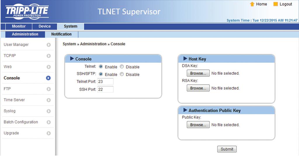 3. TLNET Supervisor Console Telnet: Enable/ disable Telnet connection.