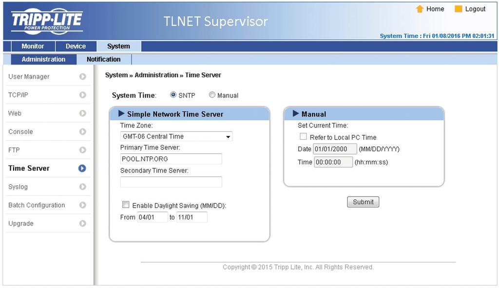 3. TLNET Supervisor Time Server The time and date can be automatically synchronized with SNTP servers or manually entered; select the desired option.