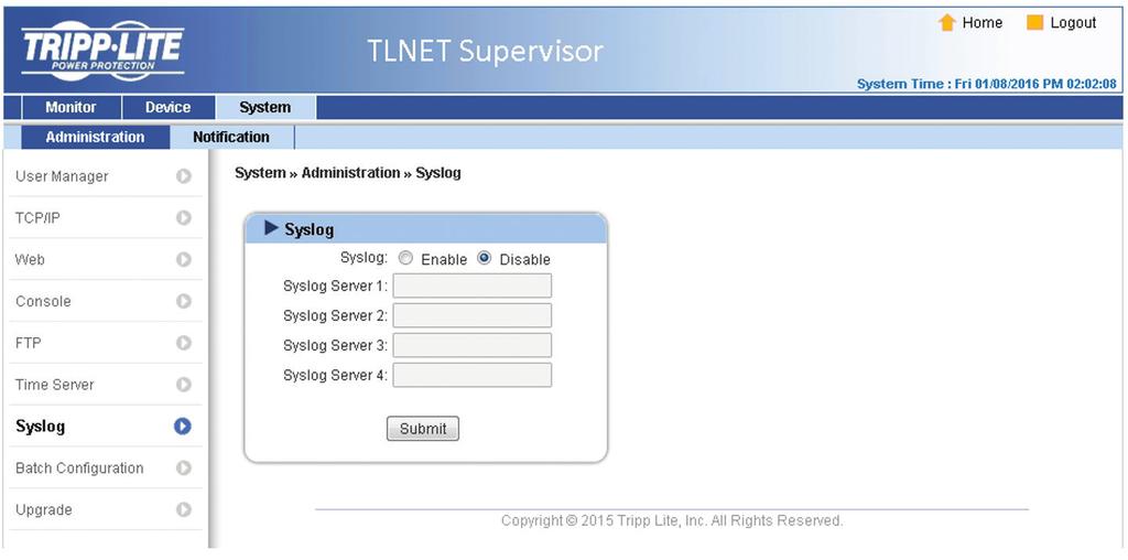 Simple Network Time Server 1) Time Zone: From the dropdown menu, select the time zone for the location where the TLNETCARD is located. 2) Primary/ Secondary Time Server: Two time servers can be added.