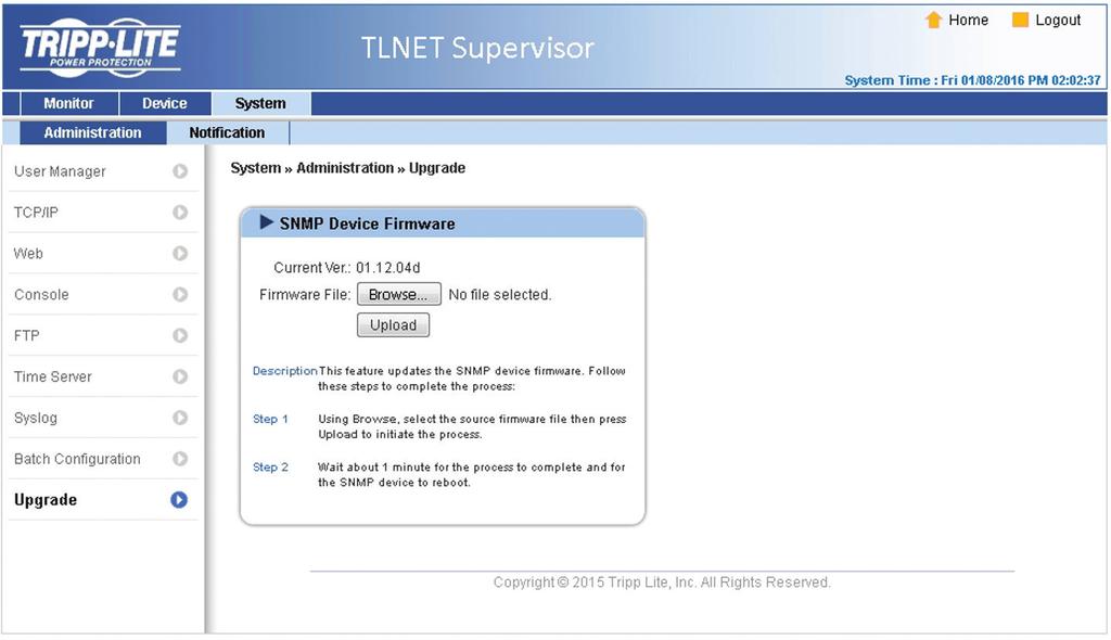 multiple target devices using the TLNET Configurator (see Section 4.1). Upgrade The Upgrade page shows the TLNETCARD s current firmware version.
