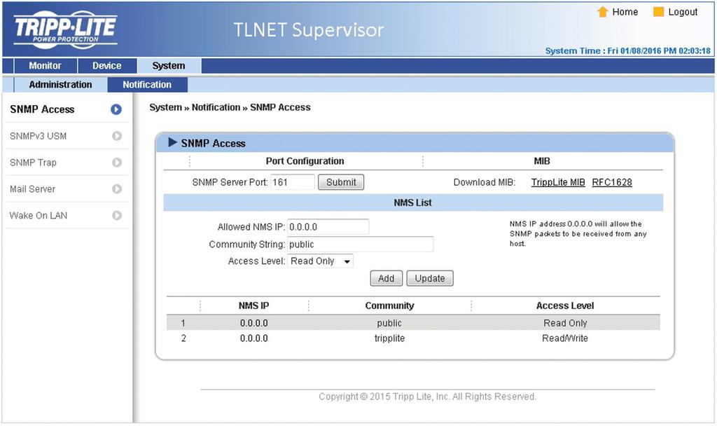 3. TLNET Supervisor 3.3.2 Notification SNMP Access The TLNETCARD supports SNMP protocol and SNMP NMS (Network Management System), which are commonly used to monitor network devices.
