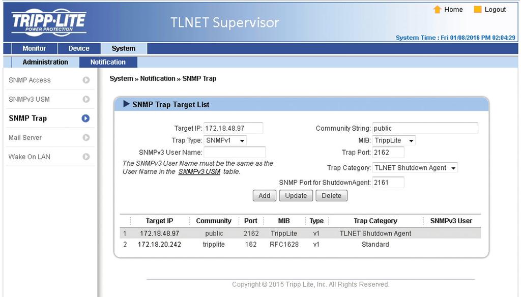 3. TLNET Supervisor SNMP Trap SNMP Traps alert users to specific events that occur in the monitored environment.
