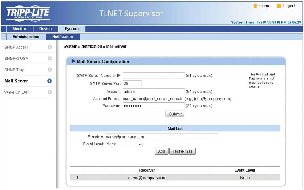Items can be removed by clicking the Delete button. Notes: The TLNETCARD supports SNMPv1, SNMPv2c and SNMPv3 traps. For SNMPv3 traps, specify an SNMPv3 USM User Name.