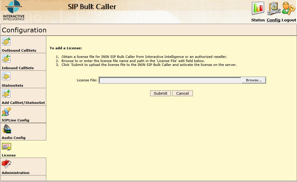 Applying the License After installing Interaction SIP Bulk Caller, you must apply the Interaction SIP Bulk Caller license you obtained from Interactive Intelligence. To apply the license: 1.