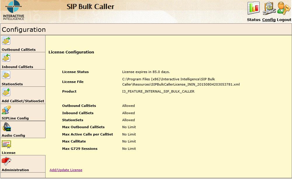 6. Click Submit to update Interaction SIP Bulk Caller's license data. Interaction SIP Bulk Caller shows the license details.