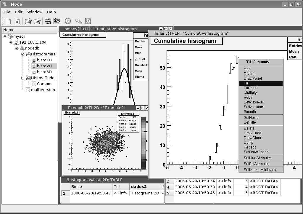 The embedded Qt windows show the application of KTIDBExplorer s ROOT visualization plugin, with one ROOT TCanvas for an embedded window holding a ROOT histogram.