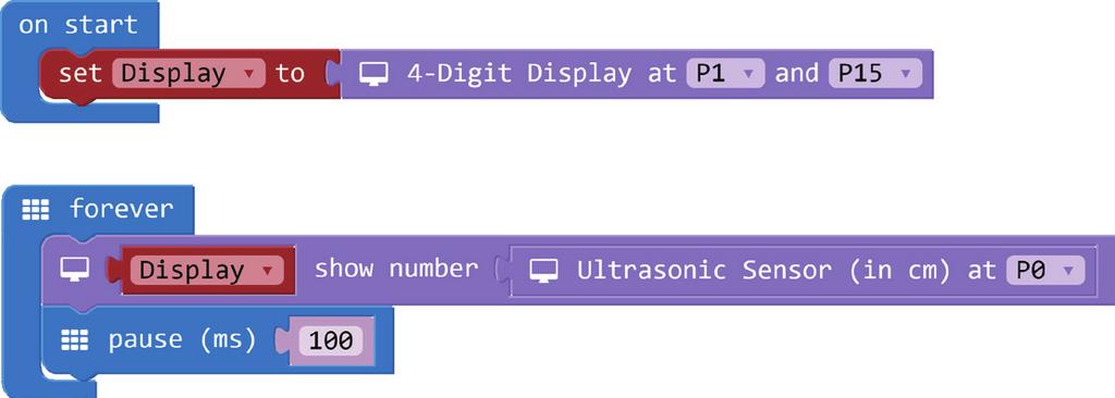 8. Ultrasonic Meter. Add basic block on start, then add variable blocks set item to 0, rename items to Display.