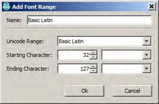 The Add Font Range dialog allows the user to add a glyph import range to the associated font file.
