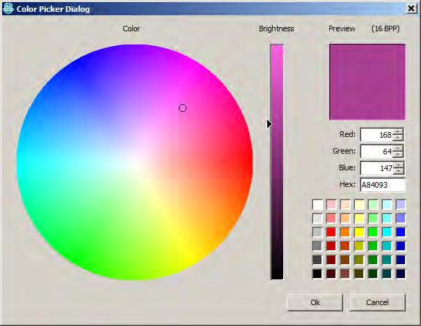 Color Picker Dialog The Color Picker dialog allows the user to easily select a color by providing a color wheel, brightness gauge, and some common predefined color