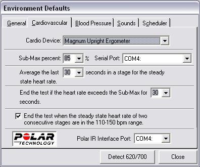 Cardiovascular Defaults While still in the Environment Defaults, click on the Cardiovascular Tab. Select the Cardio Device that you will be using and select the Serial Port that it is connected to.