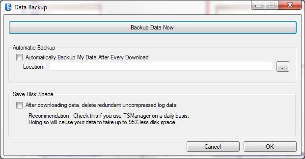 Figure 16 - Data Backup screen To back up data, press the Backup Data Now button at the top of the screen. The user will be asked to identify a folder where the backup data will be stored.