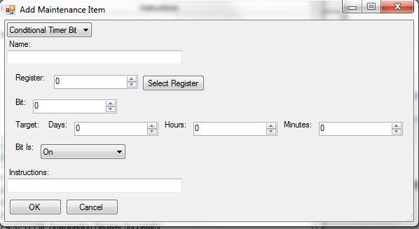 Figure 19 - Timed Event menu Conditional Timer Bit: When setting up a conditional timer, the user assigns several parameters. First the user must assign the Register and the Bit.