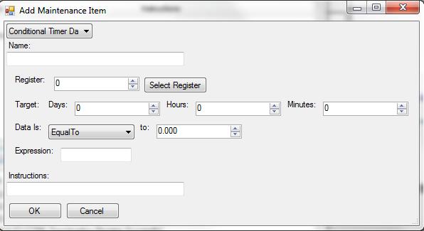 Figure 21 - Conditional Timer Data menu Conditional Counter: The Conditional Counter counts how many times a bit changes its status. The user assigns the Register, Bit, and Target.
