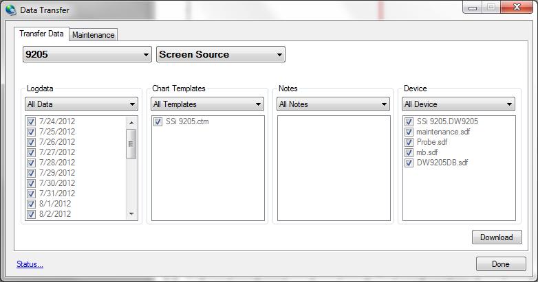 The first lists all the screens that have been set up. To download data from a particular screen, select it from this menu.