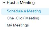 II. Schedule A Meeting A WebEx meeting can be scheduled using any of the following four methods: KSU WebEx server, Outlook 2010, any MS Office 2010 application, or Cisco Jabber. A. Schedule via the KSU WebEx Server Schedule a Meeting Expand the left navigation menu titled Host a Meeting and select Schedule a Meeting.