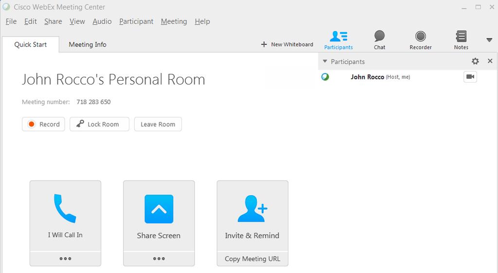 Instant Meeting By selecting the My Personal Room section the option is available to begin a meeting instantly by clicking the