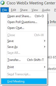 Roll the mouse up to the top edge to make the panel appear. All of the WebEx controls may be accessed via this panel. End a meeting First, Stop Sharing your desktop.