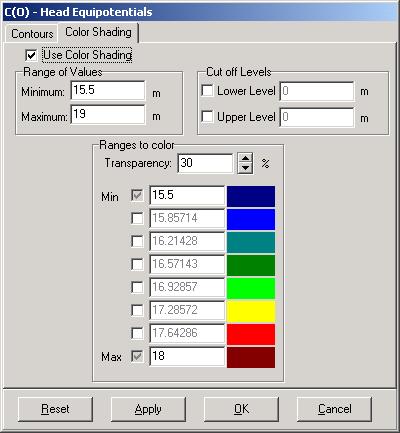 Displaying a Color Map of Heads [Options] button from the left-hand tool bar A C(O) - Head Equipotentials contour options window will appear. Click on the [Color Shading] tab.