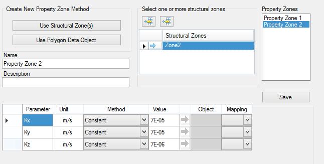 below. Type the desired values for property zone2: (Kx = 7E-5, Ky = 7E-5, Kz = 7E-6) Click on the [Save] button located on the right side of the window.