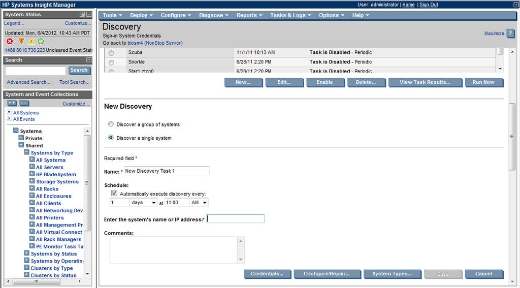 b. Select the Discover a single system radio button. c. The Automatically execute discovery check box is selected by default. You can deselect it or enter a time at which you want this task to run. d. Enter the task name for the discovery task.
