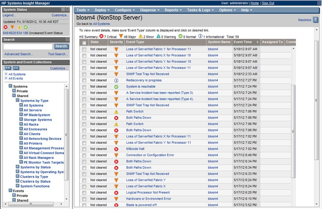 Monitoring Events The Events tab shows three types of events for NonStop systems: OSM alerts Insight Remote Support Advanced-created events on behalf of the NonStop system (for example, a service
