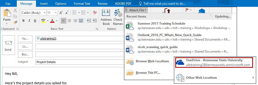 Figure 12 - Tell Me Dialog Box Add Attachments from OneDrive or SharePoint Attach a document from your recent items and share them from OneDrive or SharePoint with