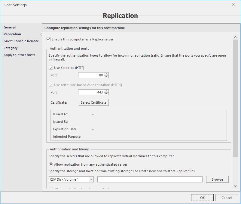 Replication section This area allows end user to configure