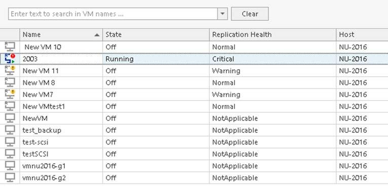 the Replication Health column in the list of VM and in VM