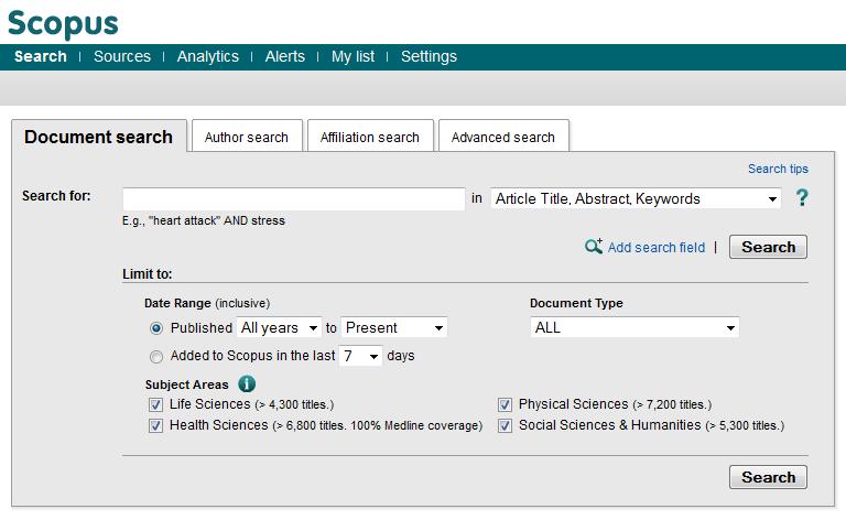 SCOPUS TIP SHEET 1. Start at Maths subject page: http://www3.imperial.ac.uk/library/subjectsandsupport/maths 2. Click on Scopus. 3. Make sure the Document Search tab is selected.