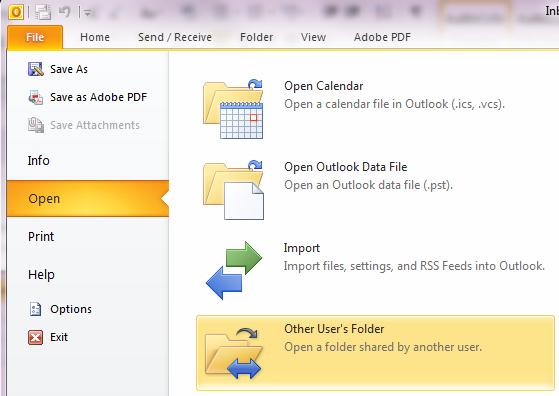 Mail Folder To open another users Mailbox go to File > Open >