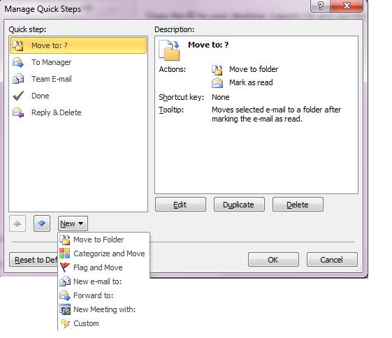 Customizing Outlook Automating Commands Creating Quick Steps To create a new Quick Step click the Small Arrow in the lower right corner of the Quick Steps portion of the Ribbon.