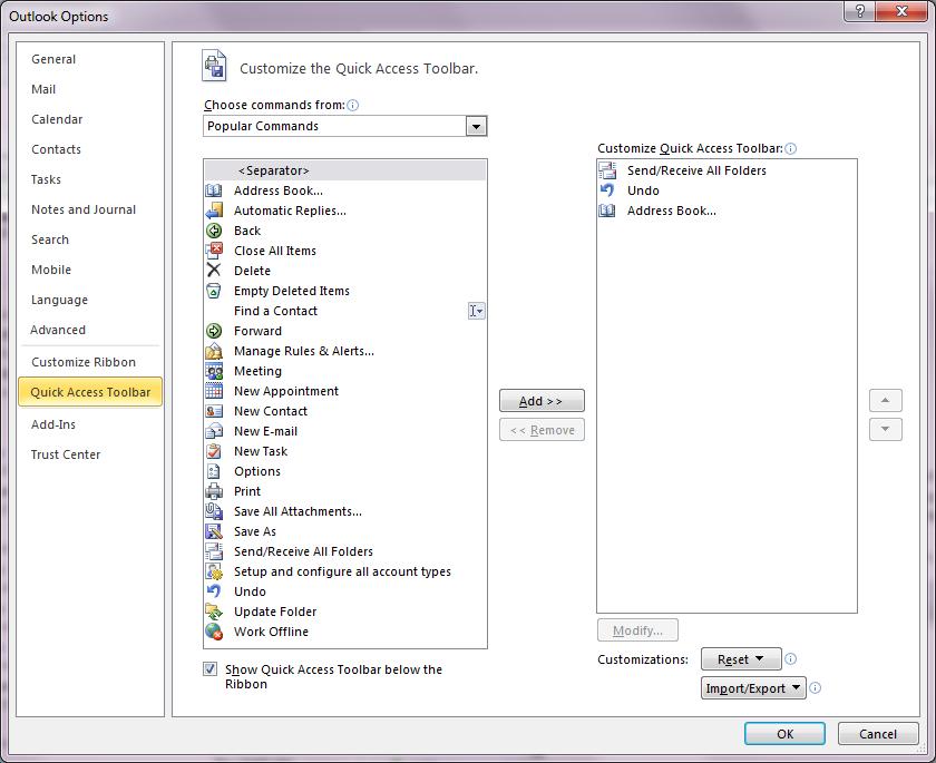 Quick Access Toolbar The Quick Access Toolbar is an option that can be enabled that will provide you wish quick buttons to click directly beneath the Outlook Ribbon.