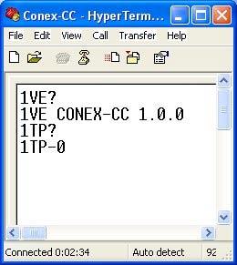 6.2.2 Using Windows HyperTerminal Windows HyperTerminal allows sending commands to the CONEX-CC device. Type : 1VE?