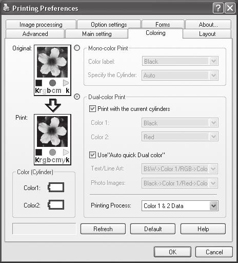 Printer Driver Operations Coloring (dual-color printers only) Sets ink colors printed, print cylinder (drum) and coloring conditions. Settings 1) Mono-color Print Select when printing with one color.