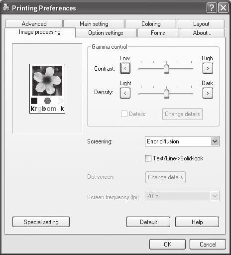 Printer Driver Operations Image Processing The print quality for image elements for photo images and the like is adjusted. Settings 1) Gamma control The contrast and density are adjusted.