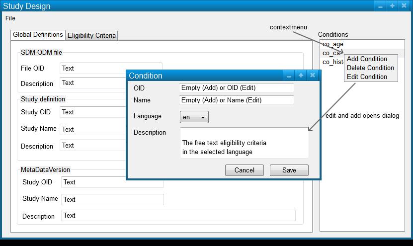 Via a context menu the elements can be added, changed and deleted. The dialog box shown in Figure 2 supports the user to enter the free text eligibility criteria for the defined languages of Figure 1.