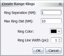 The Create Range Rings window displays (Figure 160). Figure 160: Create Range Rings 2. In the Ring Separation field, specify the distance in nautical miles between each ring. 3.