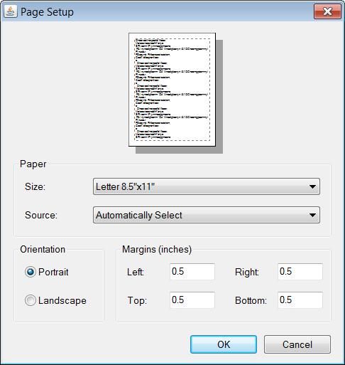 Defining the Page Setup The page setup allows you to specify the paper size, page orientation, and margins for your printout.