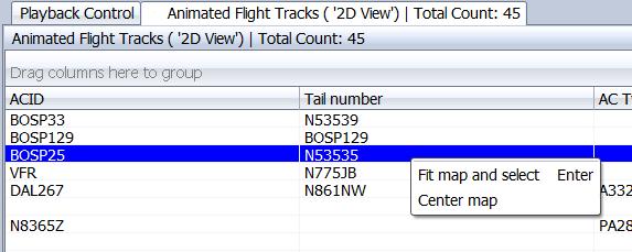 Figure 211: Locating Flights in Animated Flight Tracks Table You may also right-click on a row in the Animated Flight Tracks