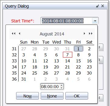 The Query Dialog window displays (Figure 18). At a minimum, you will need to specify the start time and end time. Figure 18: Query Dialog 2.