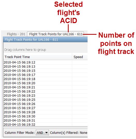 Flight Track Points The Flight Track Points table displays the points on the flight track for the selected flight.