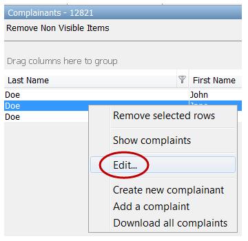 Figure 52: Editing a Complainant The Edit